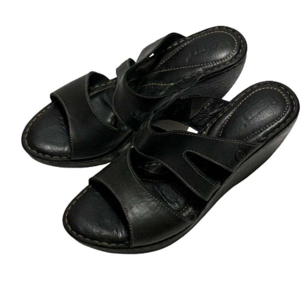 Born Women’s Black Leather Wedge Sandals Size 8 M